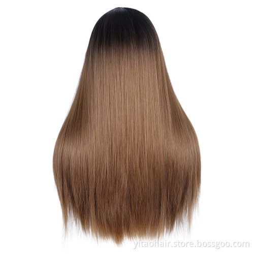 FZY Wholesale Price Good Omens Cosplay Black roots ombre Brown color silk straight Synthetic hair Wigs with lace front  Vendor